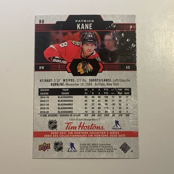 🏒 5/$50 2020-21 UPPER DECK TIM HORTONS COLLECTOR'S SERIES #88 Patrick Kane 🏒 - Picture 2 of 3